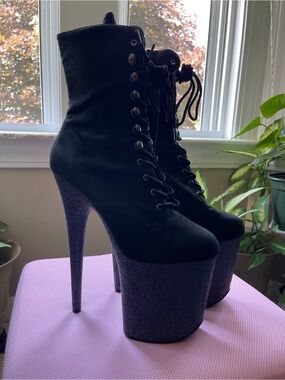 Pleaser Flamingo Black Suede Boots Glitter Base Size 9